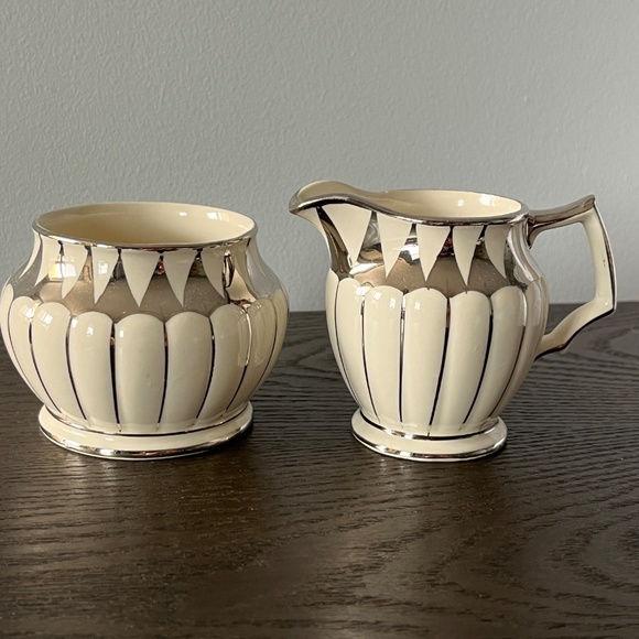 Sadler England creamer & sugar bowl in ivory & silver, Vintage. - Picture 11 of 11